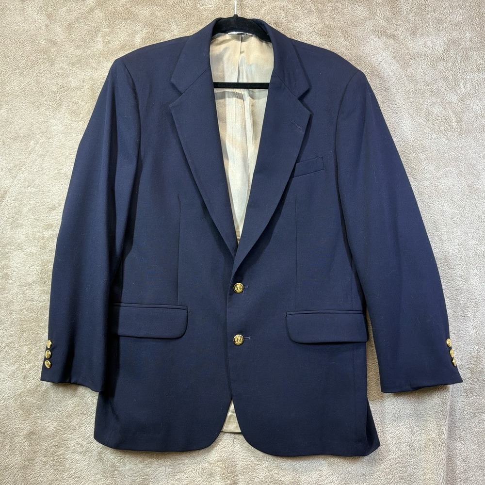 Vtg USA Made 40R Navy Blue Hopsack Gold Button Mens Blazer Sport Coat Jacket‎